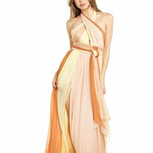 CINQ A SEPT Eileen Stripe Halter Neck Silk Long Gown